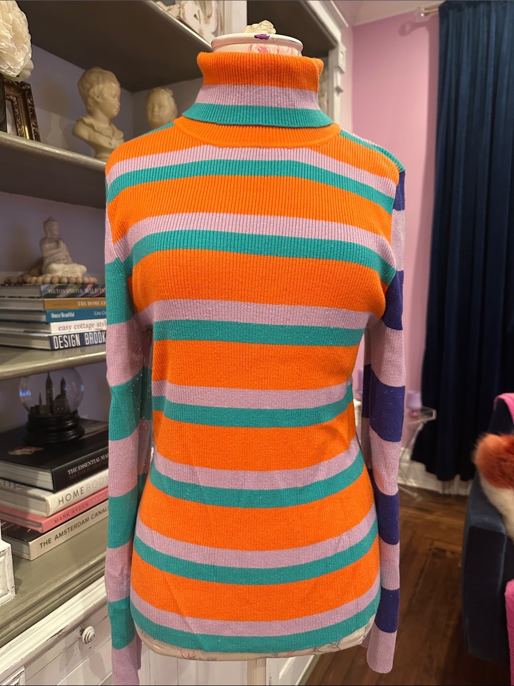 Maeve Striped Turtleneck Sweater in Orange, Pink, Teal & Purple